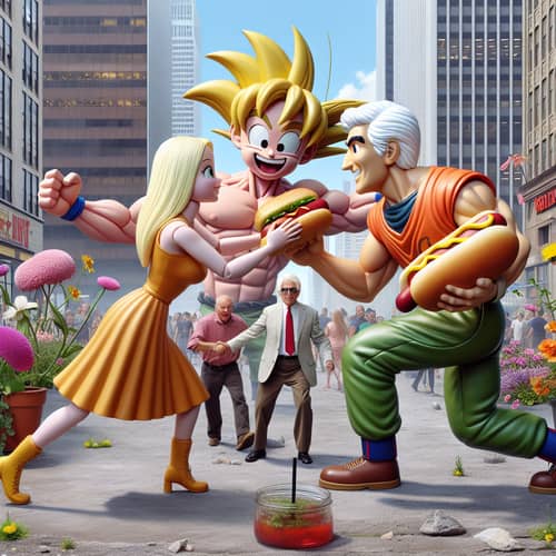 Barbie and Oppenheimer fighting over a hotdog in New York city.  Goku from dragon ball z find one punch and holds hands. 