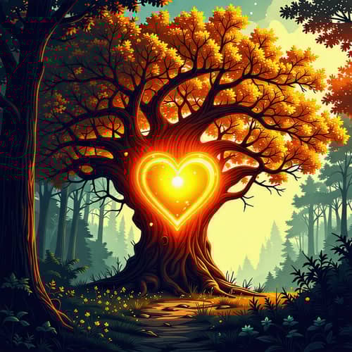Giant Heartwood Tree with Glowing Heart - Fantasy Realm Scene