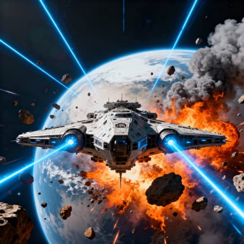 Space Ship Shooting Lasers on Exploding Planet Space Ship Shooting Lasers on Exploding Planet