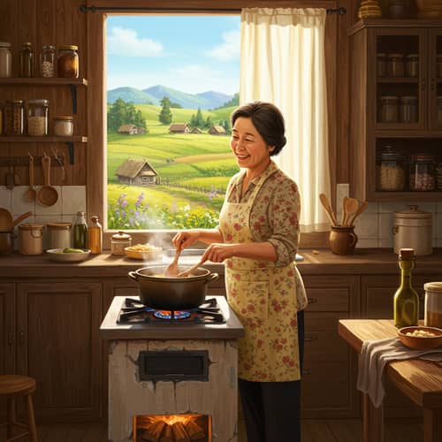 Housewife Cooking Toward Dawa in Village