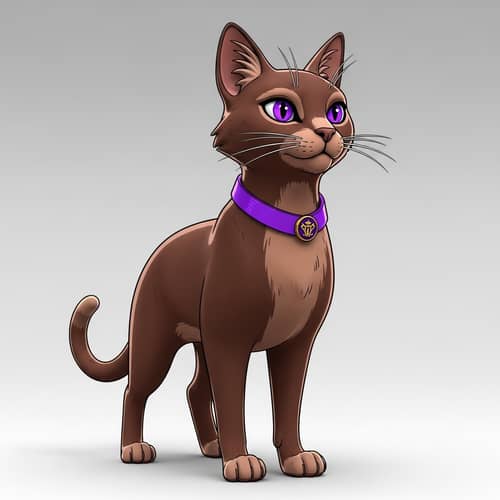 3D Cat Mascot with Purple Eyes and Collar