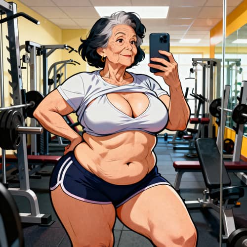 Cartoon of Older Female Taking Gym Selfie Cartoon of Older Female Taking Gym Selfie