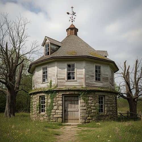 Realistic Round Base Old House Background