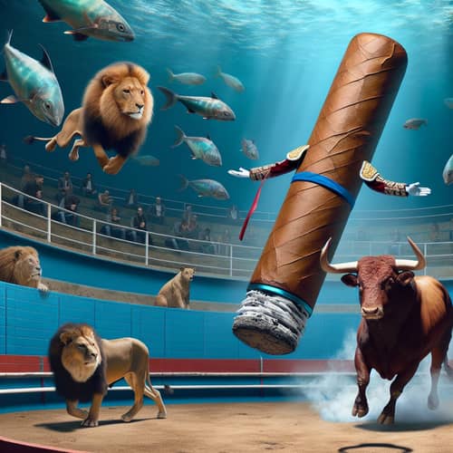 Matador Cigar Bullfight - Surreal Underwater Scene with Fish and Lions