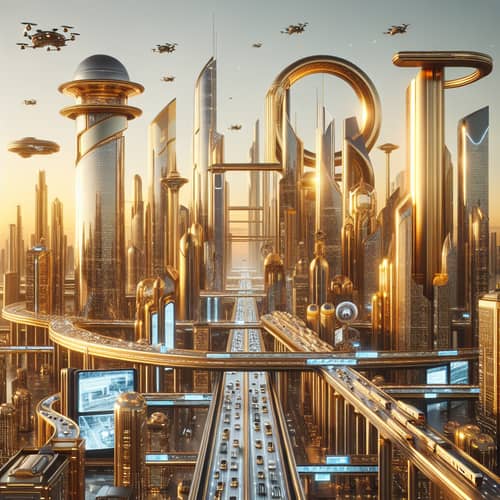 Golden Futuristic Cityscape | Skyscrapers, Vehicles, Drones