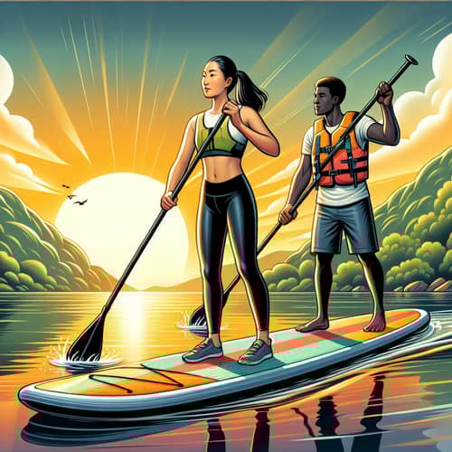 Paddleboarding Illustration: Asian Woman and Black Man on Glittering Lake