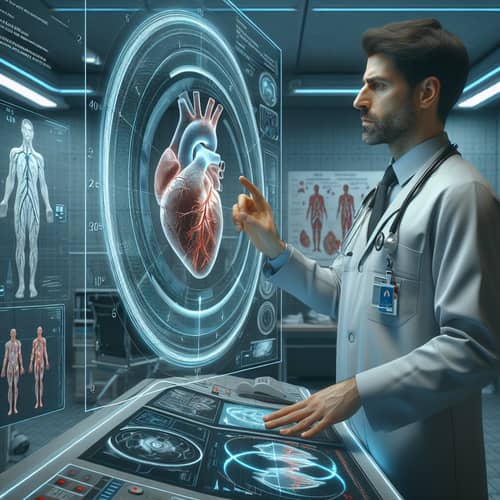 2024 Futuristic Cardiologist Evaluating 3D Heart Holograph