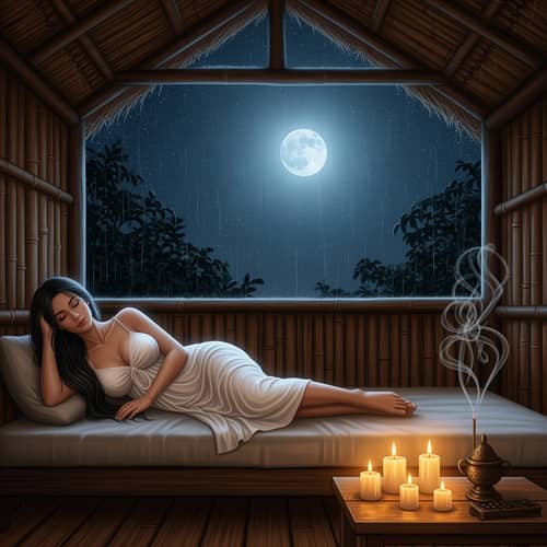 Serene Night: Woman in Hut Under Stars