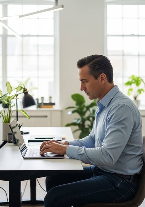 Man Typing on Laptop in Office Environment