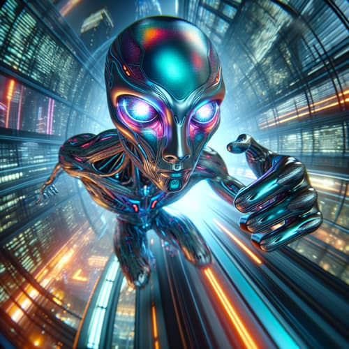 Cyberpunk Metallic Alien in Futuristic City | Vibrant Neon Colors
