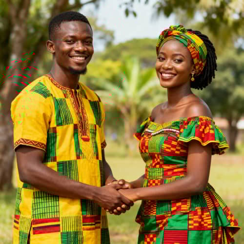 Joyful Ghanaian Couple in Vibrant Kente Attire Joyful Ghanaian Couple in Vibrant Kente Attire