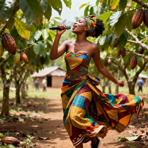 Woman in African Attire Singing on Cocoa Farm Woman in African Attire Singing on Cocoa Farm