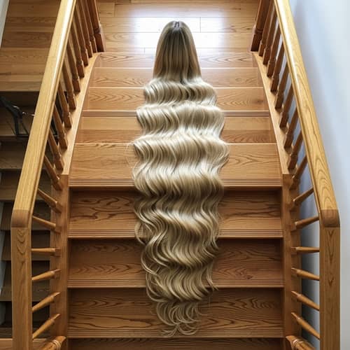 Glossy Long Hair on Stairs | Top View Beauty Unveiled