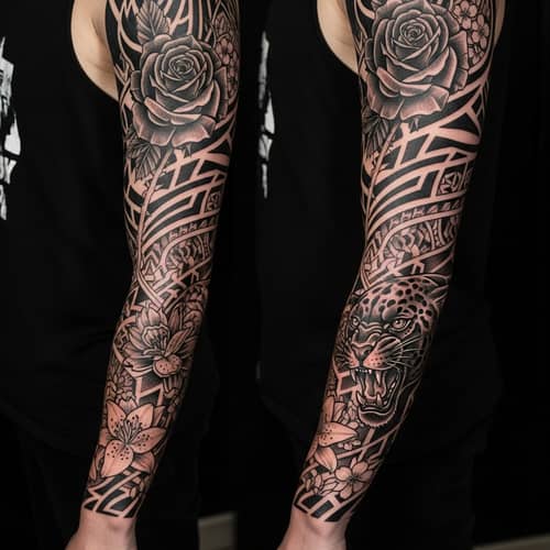 Intricate Black Tattoo Design with Flowers, Tribal Patterns, and Animals
