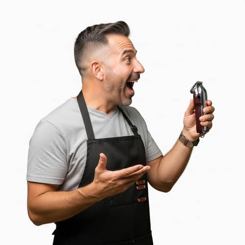 Hispanic Barber Holding Hair Clippers on White Background