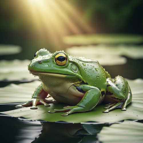 Vibrant Green Frog on Lilypad in Rainforest