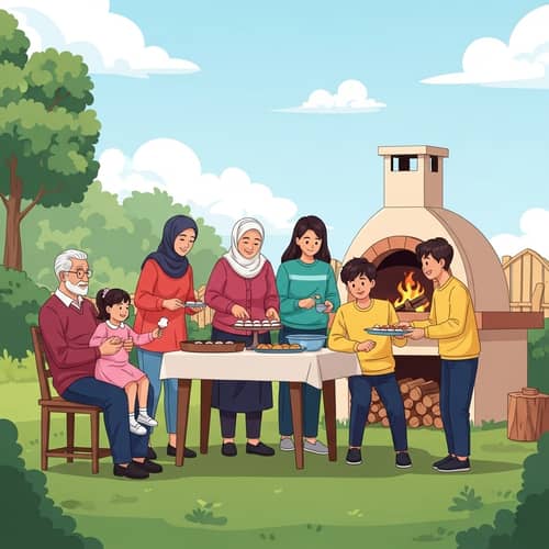 Levantine Village Family Celebrating New Year in Outdoor Kitchen Garden