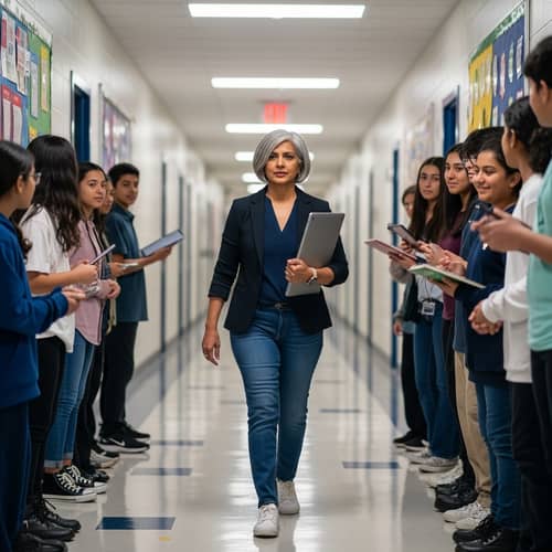 Experienced South Asian History Teacher in Middle School Corridor