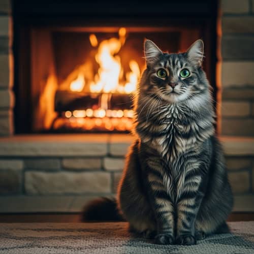 Majestic Fluffed Cat by the Crackling Fire