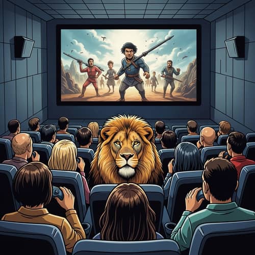 Diverse Audience in Cinema with Majestic Lion | Adventure Scene