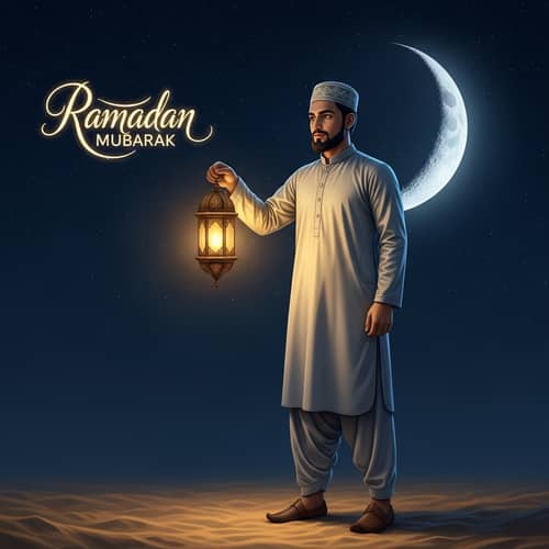 Muslim Man under Starry Sky with Lantern - Ramadan Mubarak