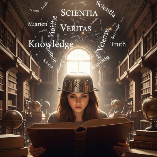 Mystical Library Scene with Colander Hat