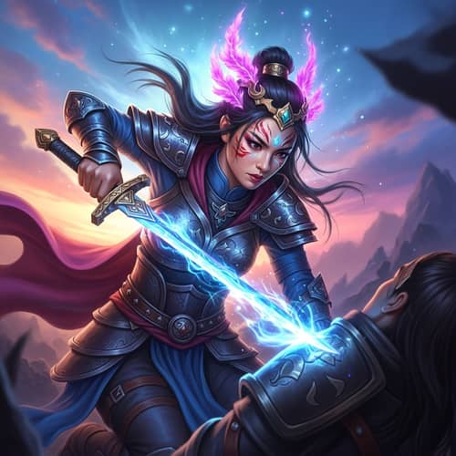 Mystical East-Asian Female Warrior Impales Enemy in Fantasy Scene