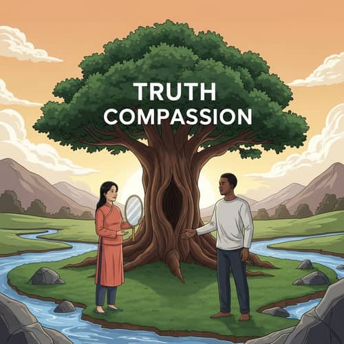 Serene Scene of Truth and Compassion: Diverse Conversations Beneath Grand Tree