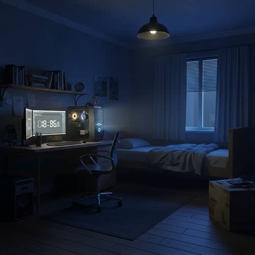Mysterious Room with Desktop Computer and Single-Person Bed