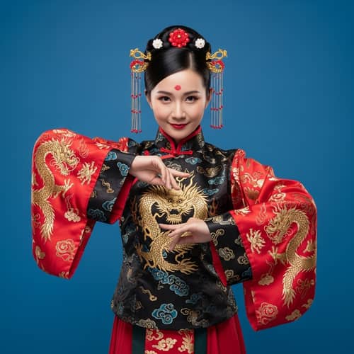 Radiant East Asian Woman in Traditional Chinese Attire | Exquisite Golden Dragon Motif