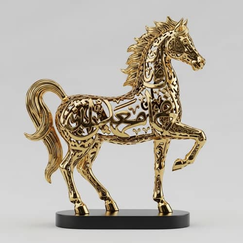 Golden Sculpture Inspired by Arabic Calligraphy | Crystal Arabian Horse