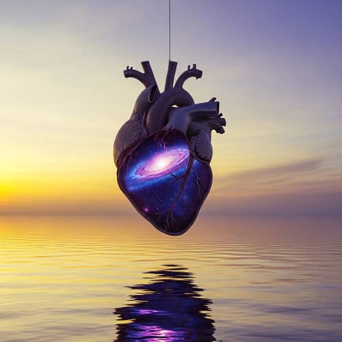 Human Heart & Galaxy Above Water at Sunset