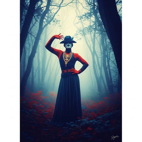 Misty Forest: Mysterious Figure in Vibrant Colors
