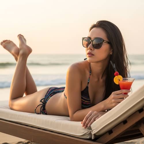 Stunning East-Asian Woman Sunbathing on Beach | Exotic Cocktail
