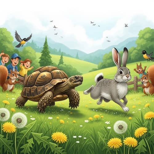 Playful Turtle and Rabbit Race in Meadow: Heartwarming Scene