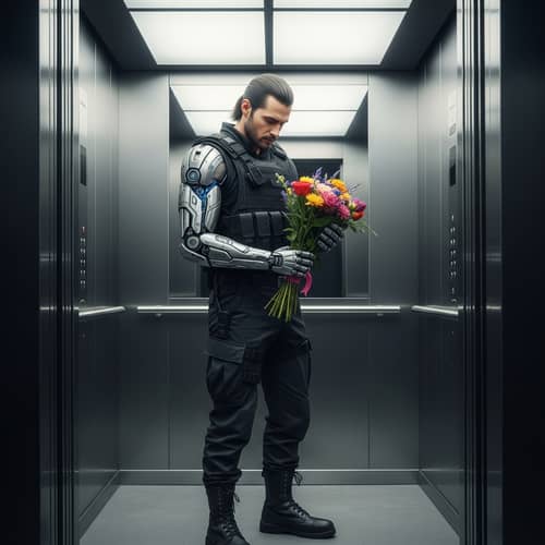 High-Tech Soldier with Colorful Flowers in Elevator