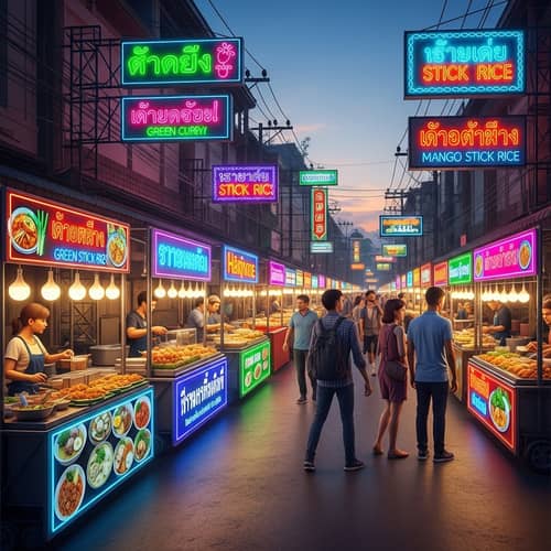 Vibrant Thai Street Food Scene: Neon Pop Art Stalls