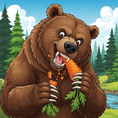 Muscular Bear Enjoying Carrot Feast in Idyllic Forest