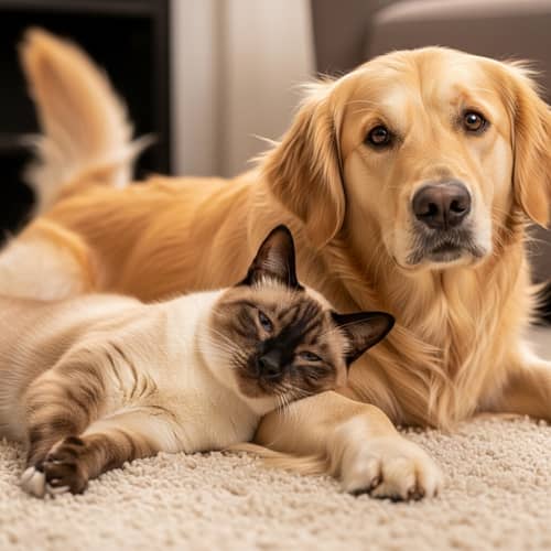 Cat and Dog on Comfortable Rug: Heartwarming Friendship