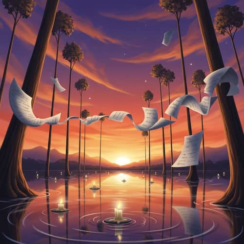 Tranquil Lake at Sunset with Floating Candles | Dreamlike Scene
