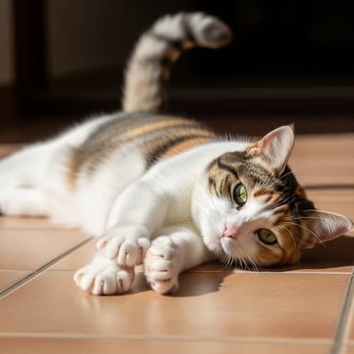 Calico Cat Stretching on Warm Tiled Floor | Tranquil Feline Scene