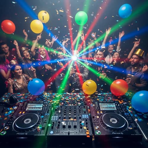Festive New Year's Eve DJ Set with Colorful Lights and Energetic Crowd