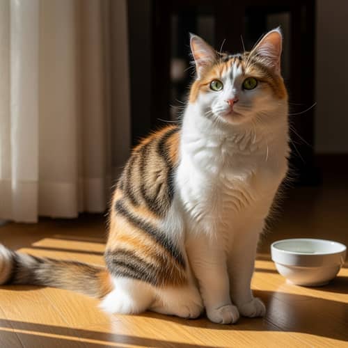 Fluffy Domestic Cat with Mesmerizing Green Eyes on Wooden Floor