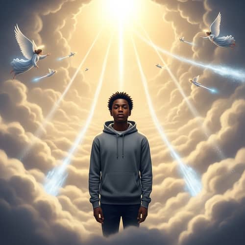 Peaceful Black Male in Heavenly Atmosphere with Gray Hoodie