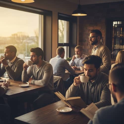 Diverse Office Workers Enjoying Coffee at Twilight in Cozy Cafe