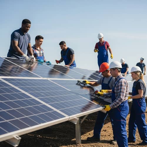 Diverse Workers in Action at Solar Farm | Energy Panel Installation
