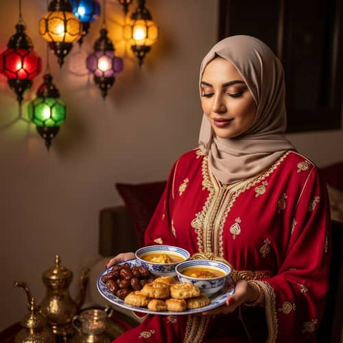 Moroccan Woman Celebrating Ramadan with Traditional Iftar Meal
