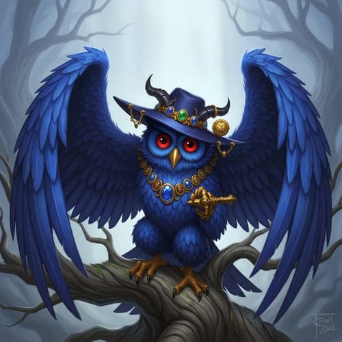 Majestic Owl-Like Demon Character | Royal Blue Feathers