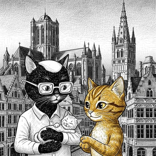 Bald Black and Golden Feline Characters in Ghent City with New Kitten
