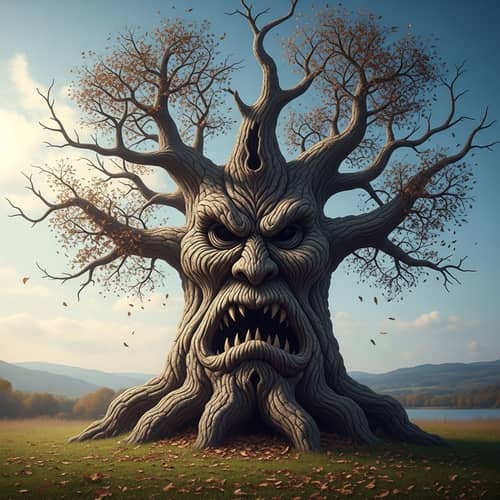 Angry Tree with Knotted Bark Face in Windstorm